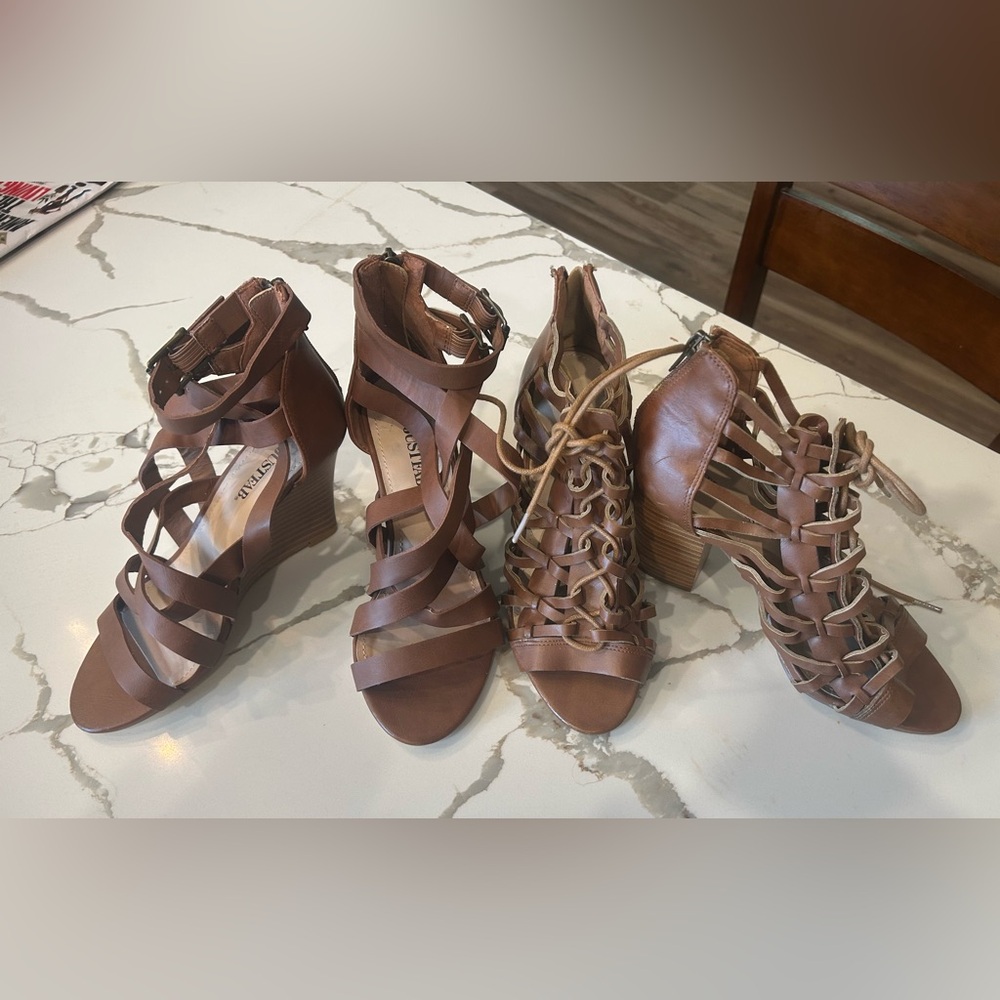 JustFab Brown Strappy Wedge and Thick heeled sandals.    Both pairs are size 5.5